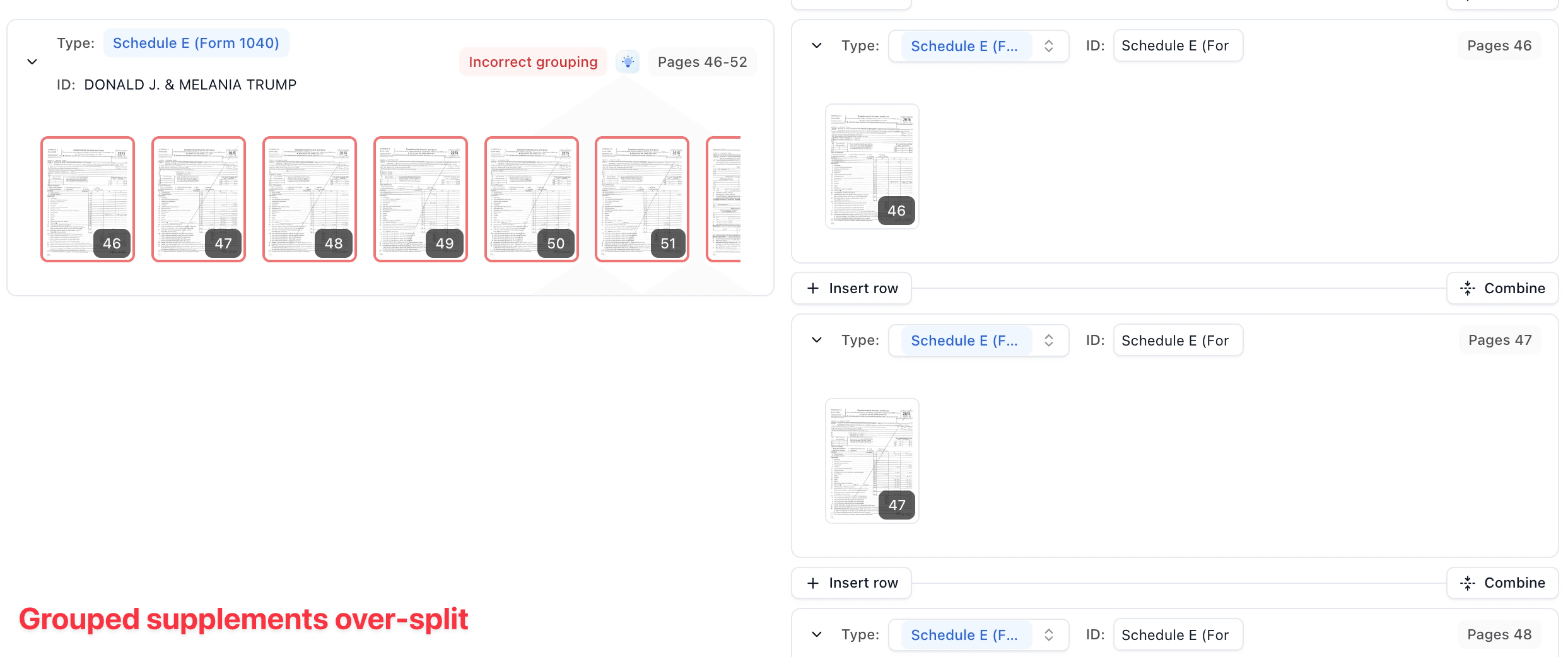 Raw model failure example where grouped supplementary pages are split too aggressively on visual breaks.