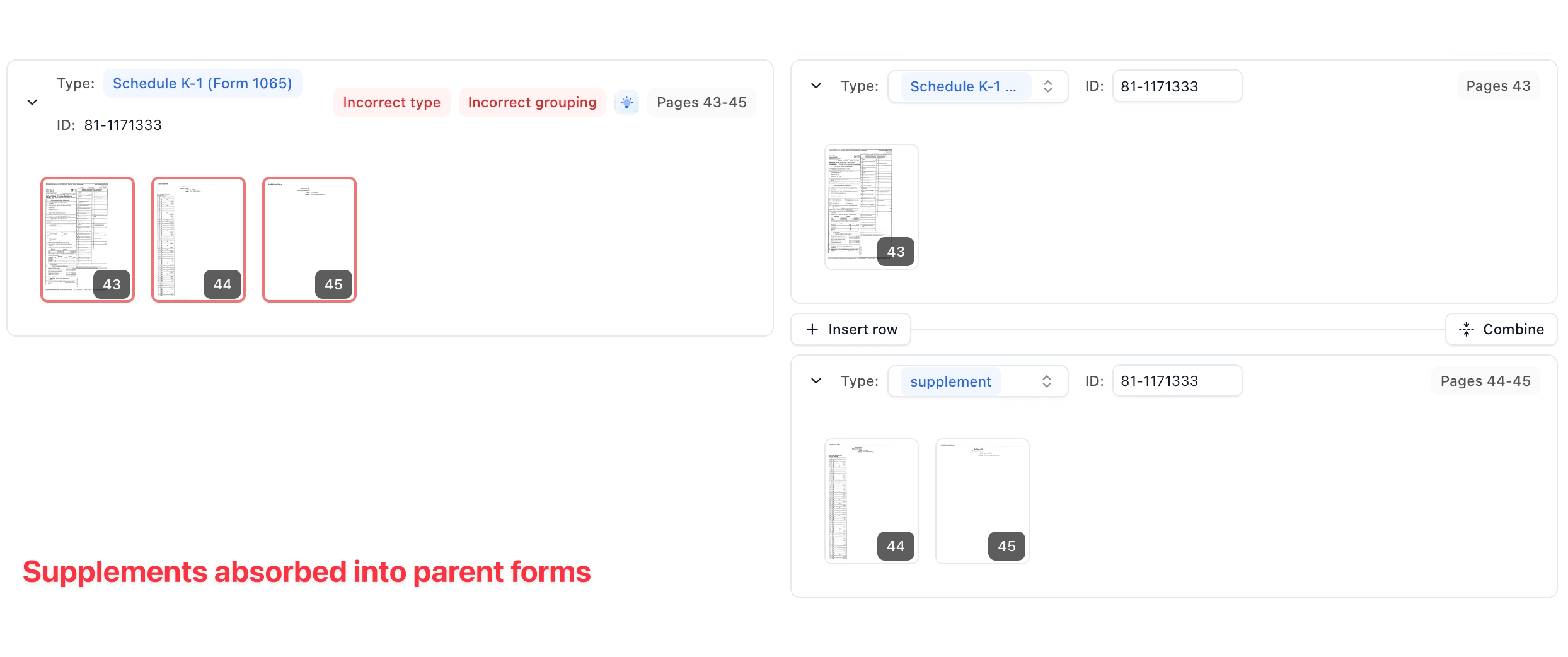 Raw model failure example where a supplementary statement is absorbed into its parent form instead of split out.