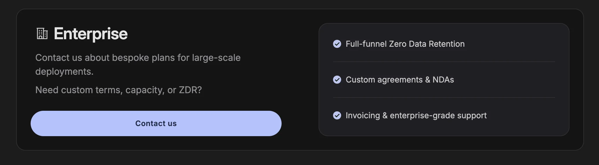Brave Enterprise plan listing Full-funnel Zero Data Retention among its features