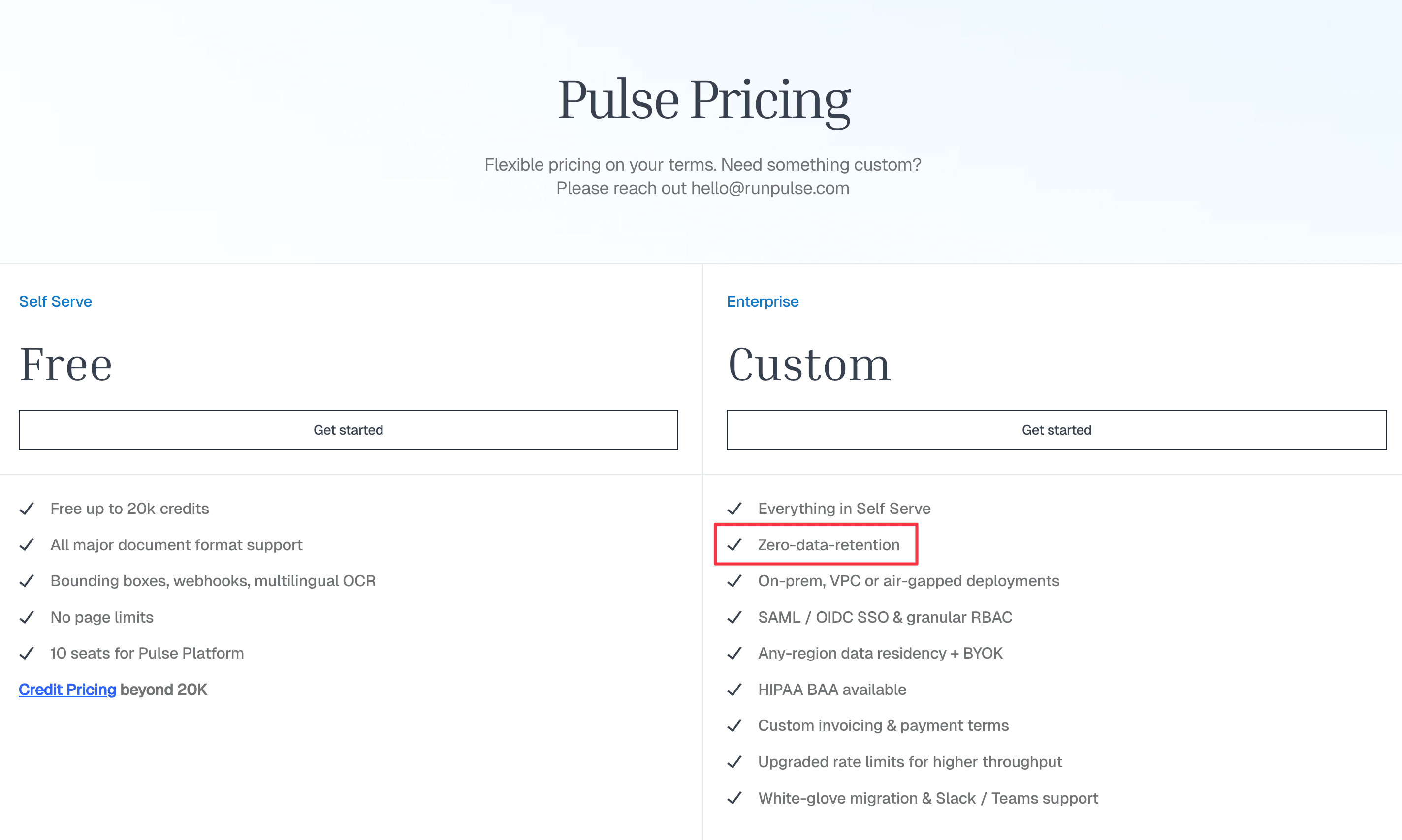 Pulse pricing table showing zero data retention included with its custom Enterprise plan, but not its free Self Serve plan