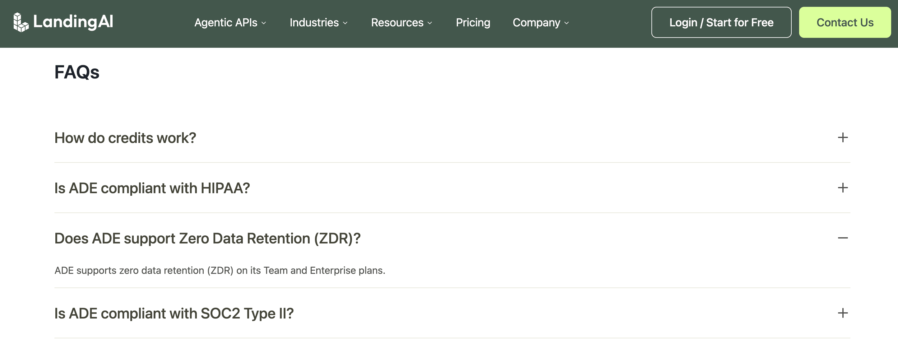 LandingAI pricing FAQ stating that Zero Data Retention is supported only on Team and Enterprise plans