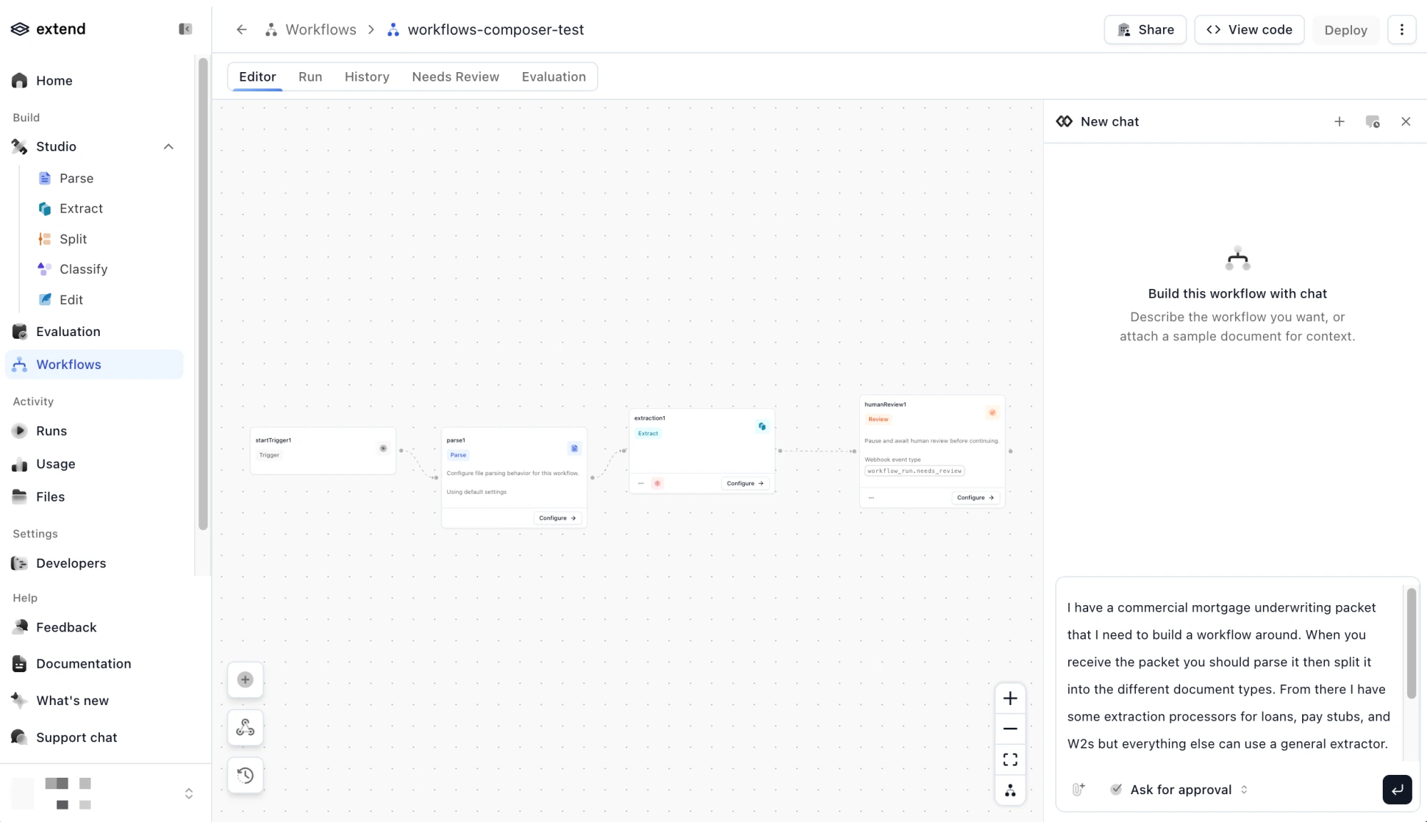 Composer building a document workflow from a natural-language instruction.