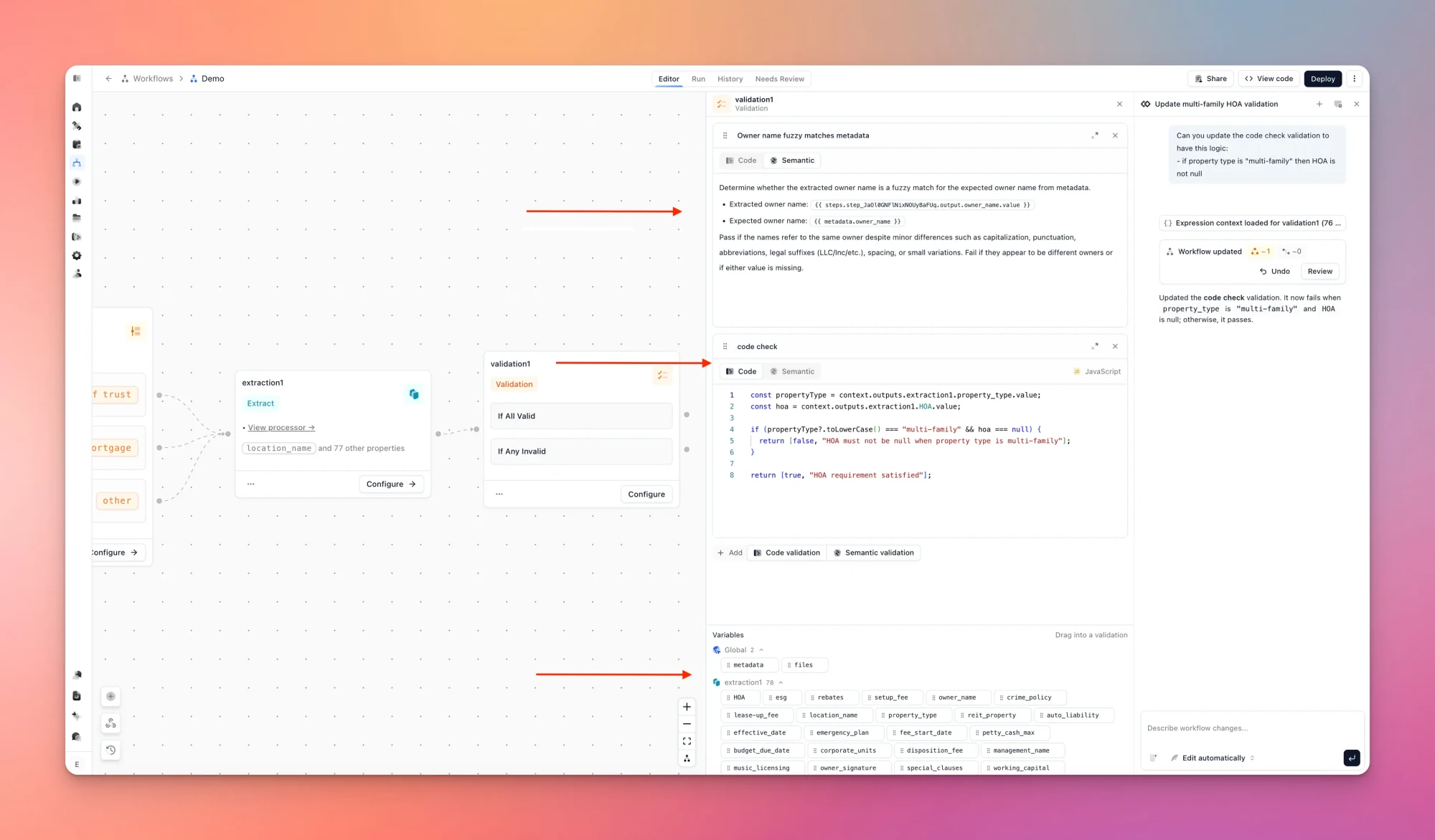 The code and semantic validation modes in a document workflow.