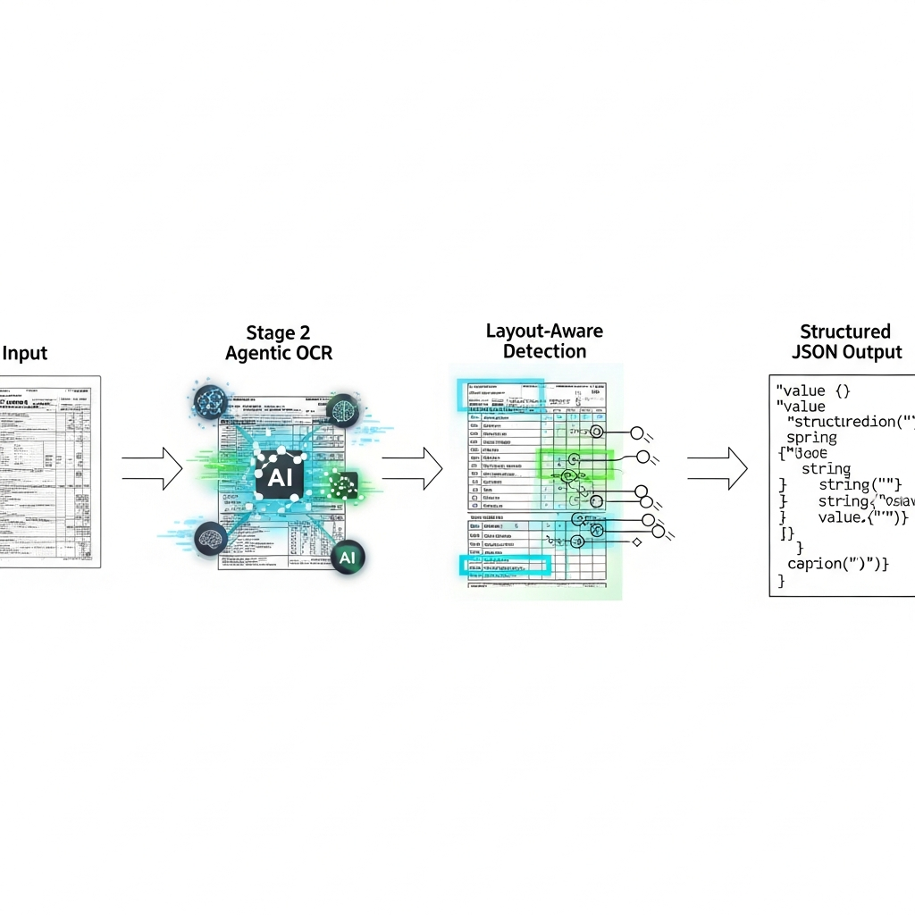 A clean technical diagram showing Extend's CMS 1500 form processing pipeline. Display a horizontal workflow with 5 connected stages: 1) Input stage with a scanned CMS 1500 form document, 2) Agentic OCR analyzing the document with AI icons, 3) Layout-aware detection highlighting form fields and tables, 4) Field extraction with data points being pulled from specific sections, 5) Structured JSON output with organized data. Use modern tech aesthetic with blues and greens, clean arrows connecting stages, icons representing AI/ML processing, and a professional SaaS platform style.