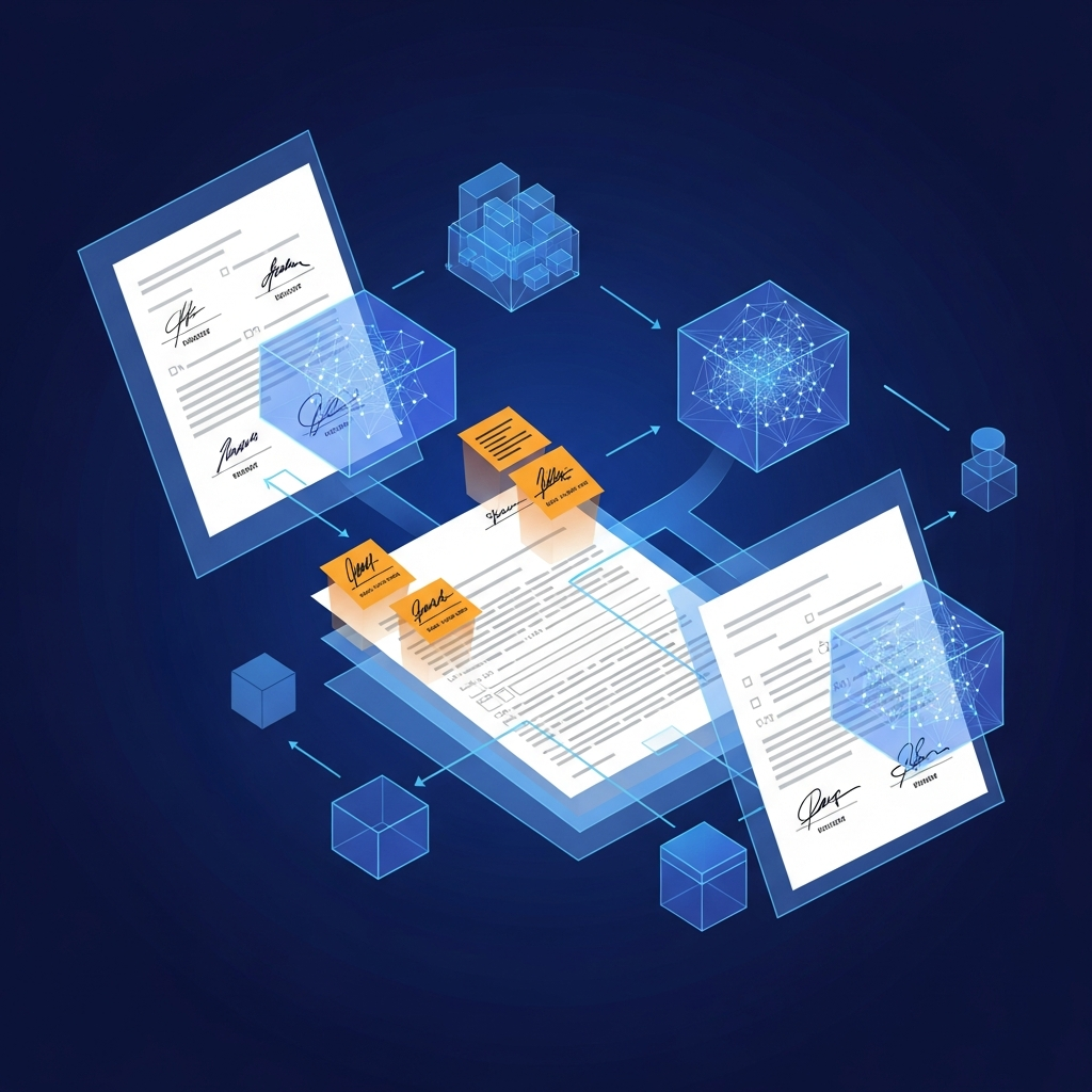 Technical illustration of AI vision model analyzing a complex lease document, showing multiple layers of document processing including scanned PDF pages with various signatures, handwritten notes, and form fields being detected and highlighted by neural network visualization, modern tech aesthetic with blue and purple gradients, clean geometric shapes representing data extraction flow