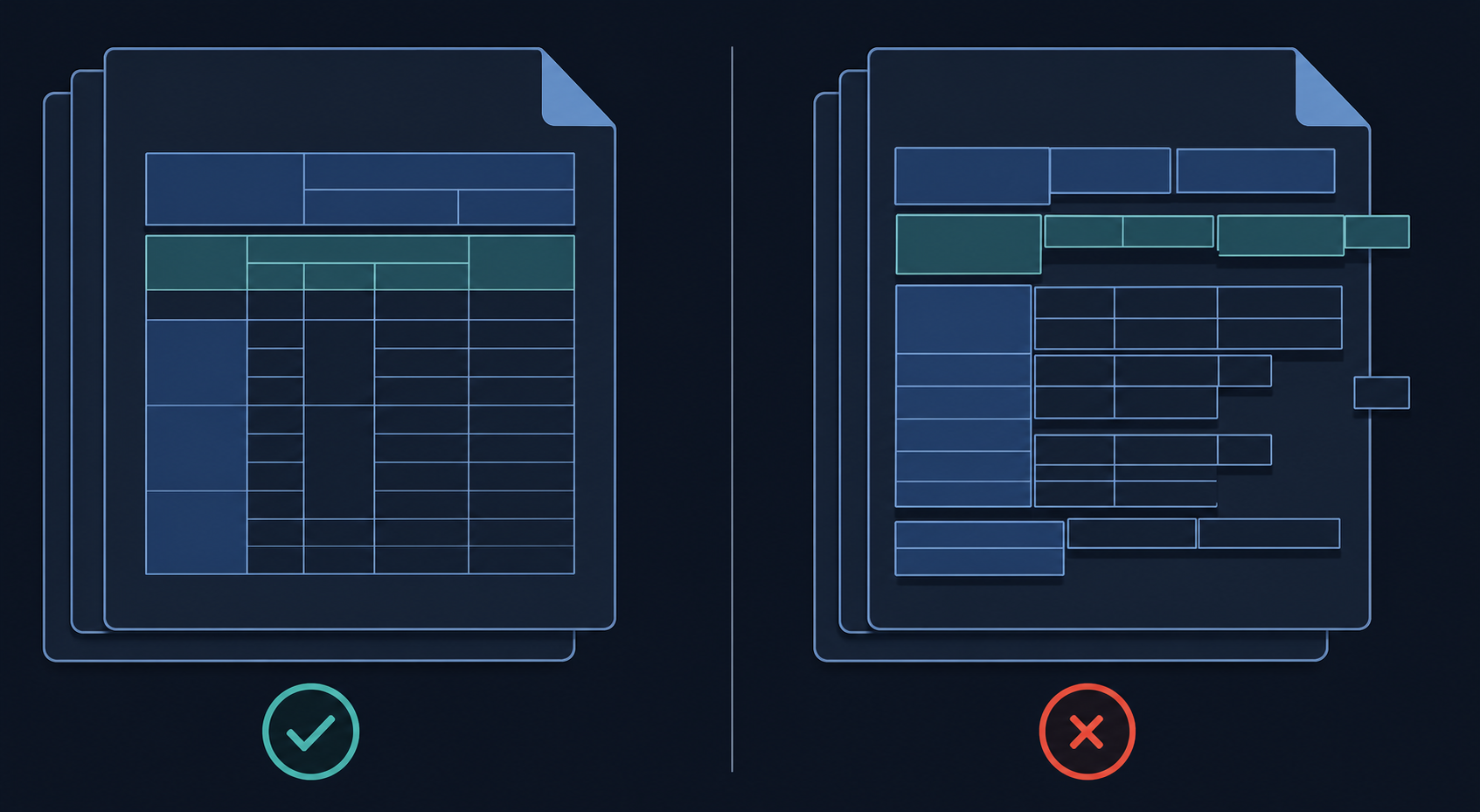 A technical illustration showing a multi-page PDF document with complex tables containing merged cells and spanning headers. On one side, the table is neatly structured with rows and columns aligned. On the other side, the same table is shown with misaligned cells, orphaned rows, and broken column boundaries — visually representing extraction failure. The style is clean, flat, dark-themed with blue and teal accents, no text or labels anywhere.
