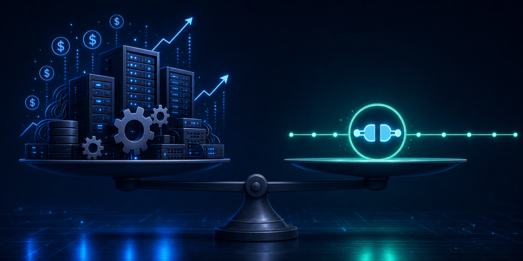A dark-themed technical illustration showing two side-by-side scales or balance beams. On one side, stacked server racks and gear icons representing self-hosted infrastructure with upward-trending cost arrows. On the other side, a clean API connector symbol with a flat, stable cost line. The background is deep navy with glowing blue and teal accents. Abstract dollar-sign or cost metric symbols float around the infrastructure side. No text, no labels, no words, no letters anywhere in the image.