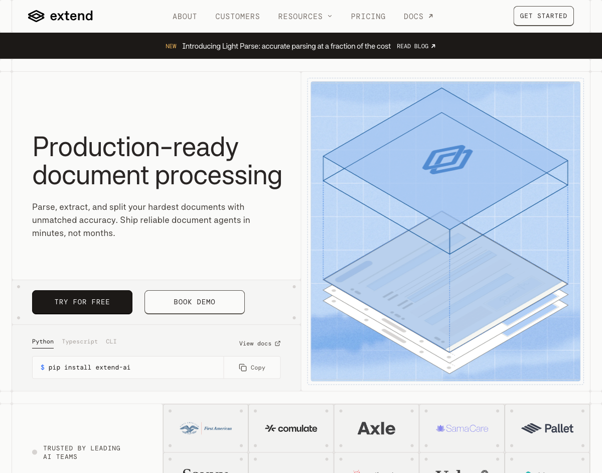 Extend homepage showing its production-ready document processing platform