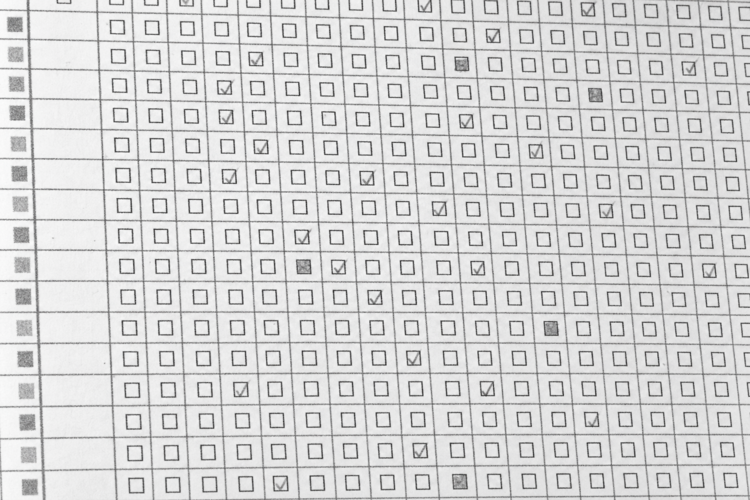 A close-up technical illustration of a dense paper form grid showing rows of tiny checkboxes in a cramped layout, some boxes checked with faint pencil marks, some partially filled, slight scan skew and JPEG compression artifacts visible, sub-pixel column borders barely distinguishable, labels crowded next to boxes with almost no spacing, monochromatic grayscale document aesthetic, realistic scanned document texture