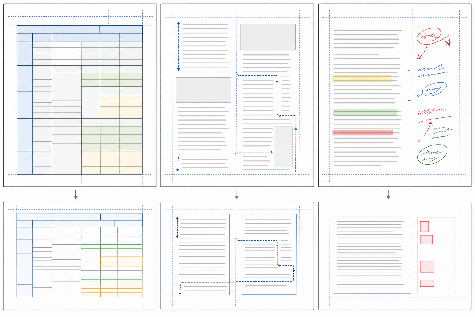 A technical diagram showing three common PDF parsing failure modes: a complex multi-column table with merged cells and variable row heights, a two-column document layout with text flowing between columns, and handwritten annotations in margins. Use a clean, architectural style with subtle grid lines and structural elements to emphasize layout complexity. No text or labels.
