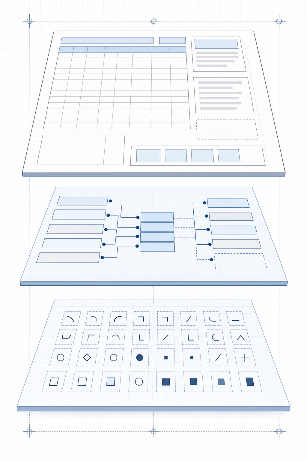A technical diagram showing three distinct layers of measurement accuracy stacked vertically: character recognition layer at the bottom with individual letters and symbols, field mapping layer in the middle showing data fields and schema connections, and structural preservation layer at the top displaying table grids and document layout elements. Use a clean, architectural style with subtle gridlines and geometric shapes. No labels or annotations.
