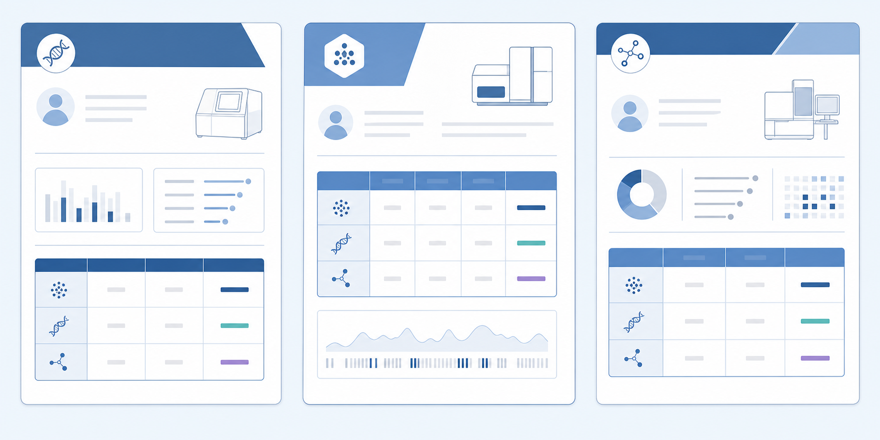 Flat-design clinical infographic, three vertical panels side by side, each showing an abstracted stylized NGS lab report page with a biomarker data table (rows labeled generically like "TMB", "MSI", "Variant") positioned differently in each panel to show structural inconsistency across lab vendors. Clean muted blue, white, and light gray palette, minimal line-art icons, no real logos, no readable patient data, no text paragraphs beyond generic table labels, modern vector illustration style, wide aspect ratio suitable for a blog section header.
