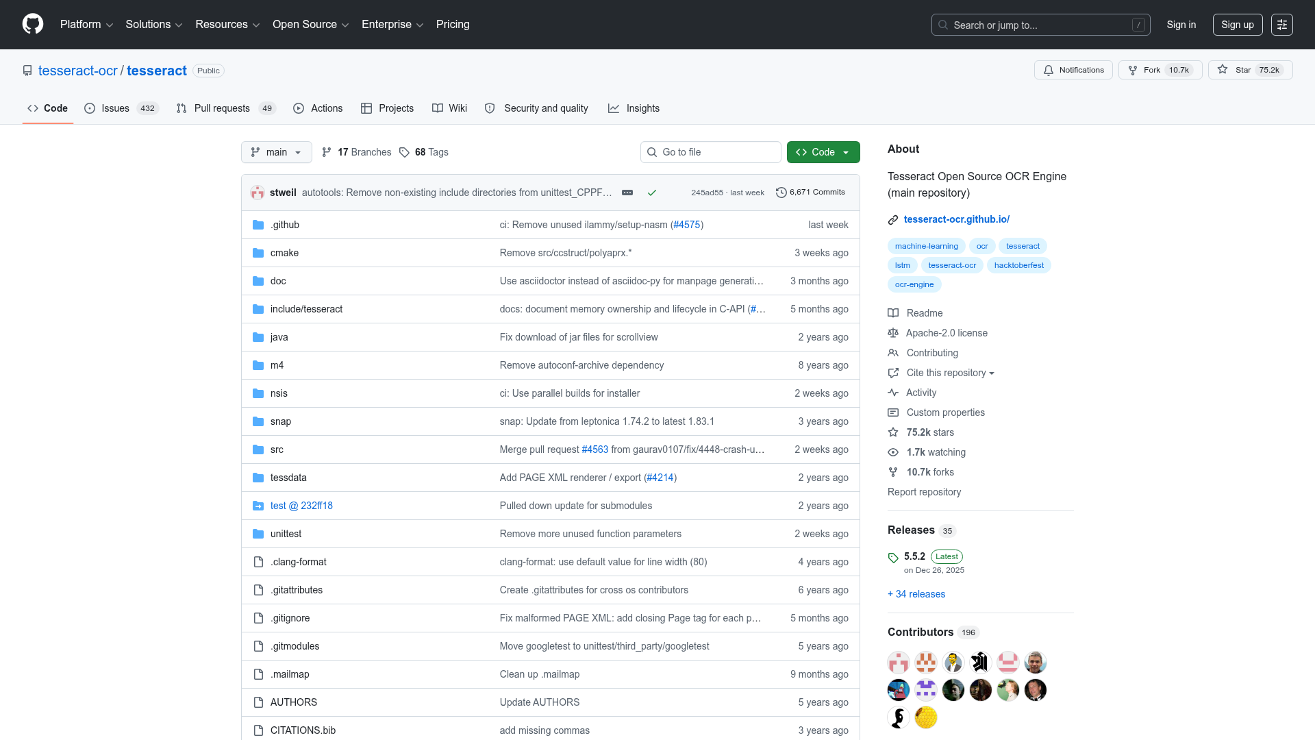 Screenshot of https://github.com/tesseract-ocr/tesseract