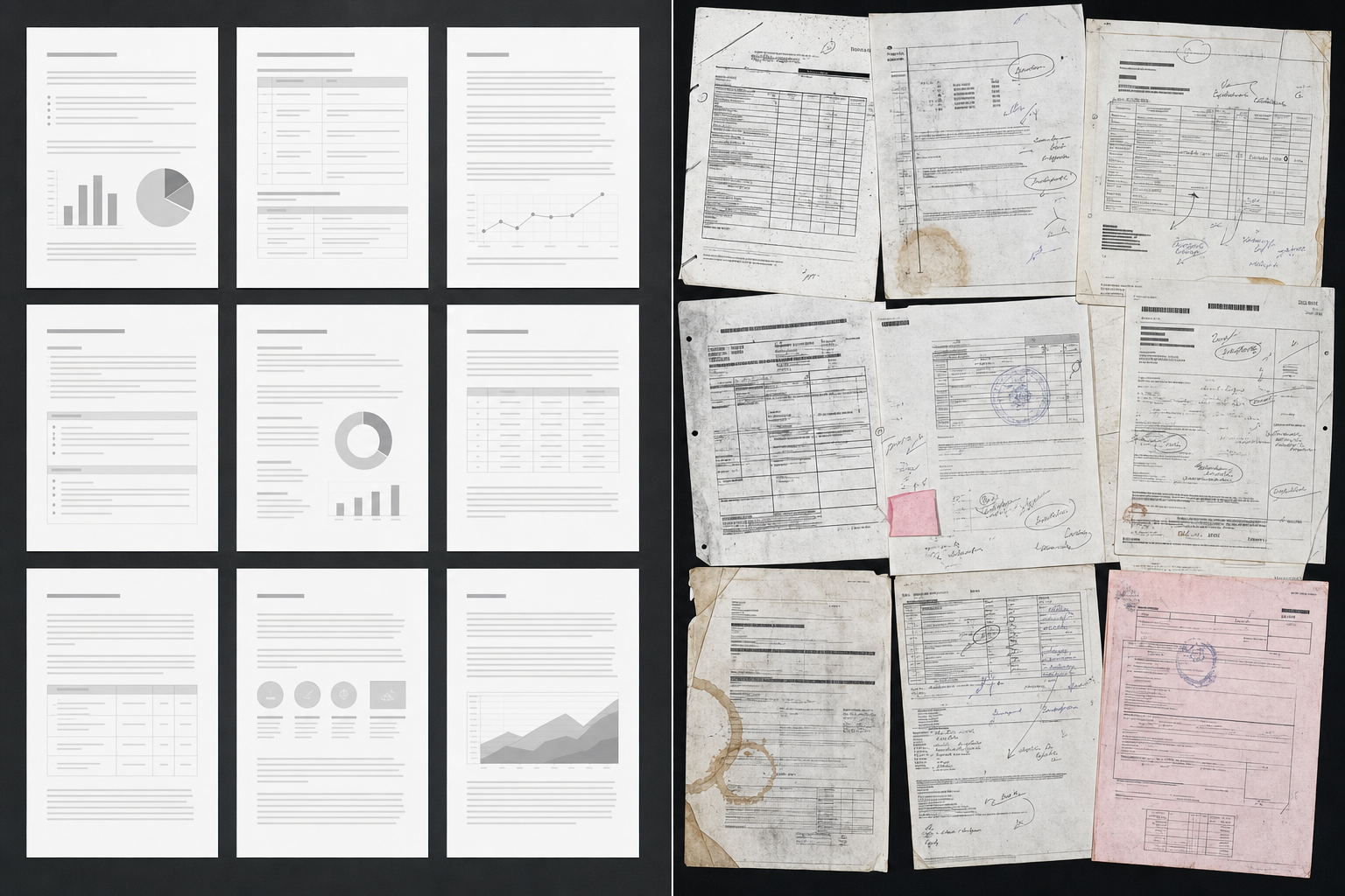 A split-screen comparison showing two document sets side by side. Left side: clean, pristine single-page documents with perfect typography, uniform spacing, and simple single-column layouts on white backgrounds. Right side: messy real-world documents with skewed scans, handwritten annotations overlaying printed text, multi-column tables with merged cells, faded fax artifacts, coffee stains, stamps, and rotated headers. Photorealistic style, high contrast between the idealized test documents and chaotic production documents. Technical illustration aesthetic, documentary photography style.