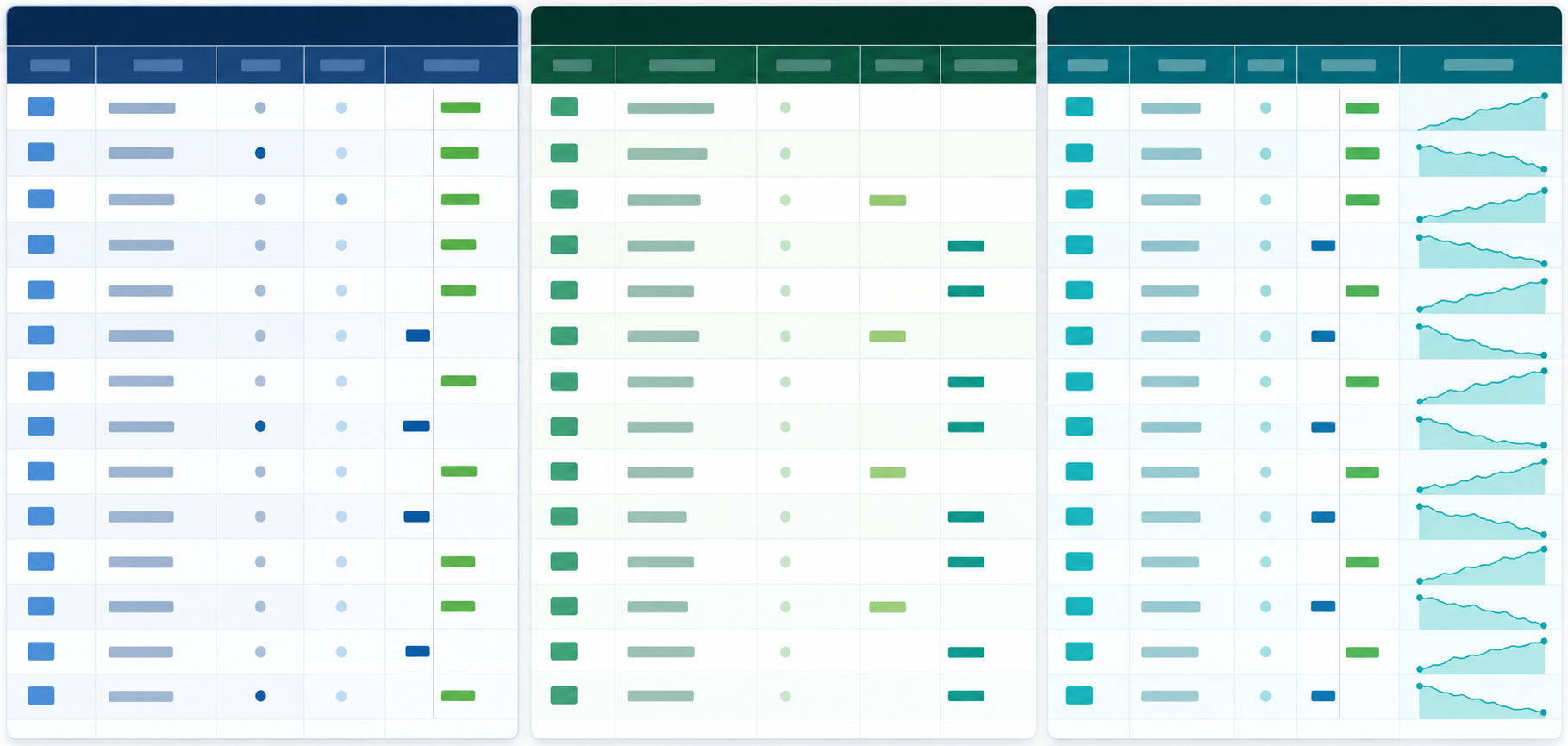 A close-up abstract visualization of financial transaction tables from multiple banks side by side, showing different column layouts and data structures — one with a single signed amount column, another with separate debit and credit columns, another with inline running balance. Clean, modern, data-grid aesthetic with muted blues and greens, no text or labels, purely visual representation of tabular financial data structures.