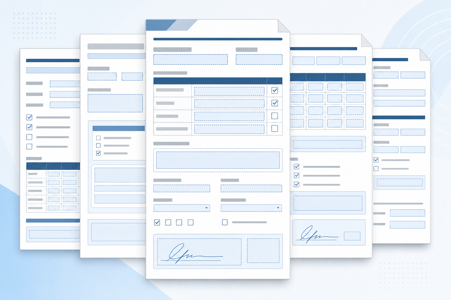 A technical illustration showing multiple overlapping document pages with highlighted data fields, checkboxes, signature blocks, and tables. The pages should show varying layouts with some fields aligned differently across pages, representing the complexity of parsing multi-page compliance forms. Use a clean, professional style with subtle blue and gray tones, showing document structure and field boundaries without any readable text or letters.