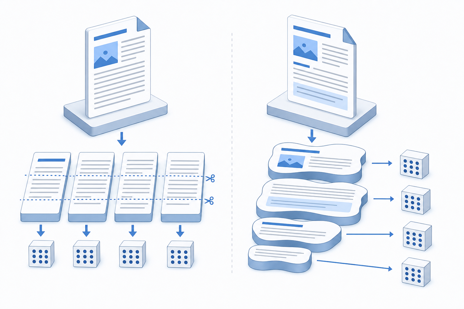 A technical diagram showing document chunking strategies. Split view comparing two approaches: on the left side, show a document being split into rigid fixed-size blocks with some text cuts occurring mid-sentence, represented by geometric equal-sized rectangles with broken text fragments. On the right side, show semantic chunking with natural boundaries, represented by variable-sized organic blocks that respect paragraph and section breaks, with complete coherent units. Use clean isometric perspective, blue and gray color scheme, professional technical illustration style, abstract data flow visualization.
