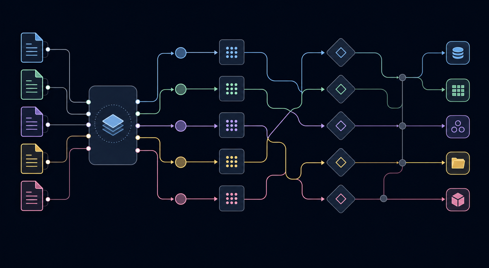 Technical diagram showing document processing workflow architecture with multiple parallel streams and routing paths, nodes representing document ingestion and extraction stages, clean minimalist style with dark background, abstract geometric representation of data flow between processing nodes, no text or labels