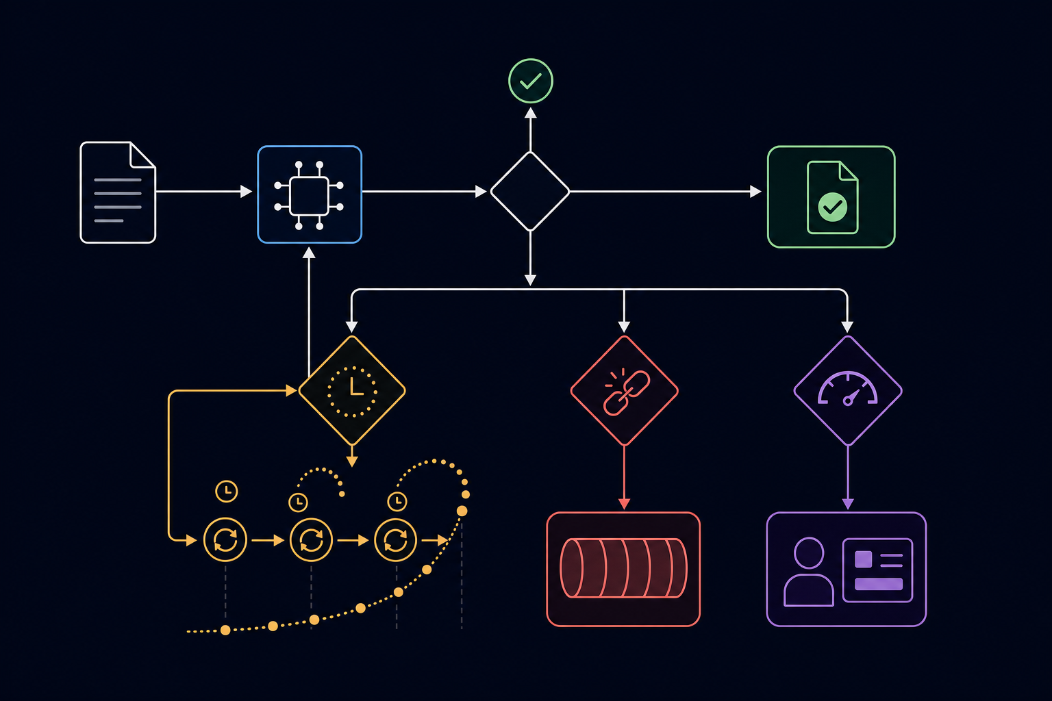 Technical diagram showing error handling and retry logic flow for document processing system, branching paths for transient failures with exponential backoff curve, structural failures routing to dead letter queue, confidence failures routing to human review, clean minimalist architecture diagram style with dark background, abstract geometric representation of decision trees and retry loops, no text or labels
