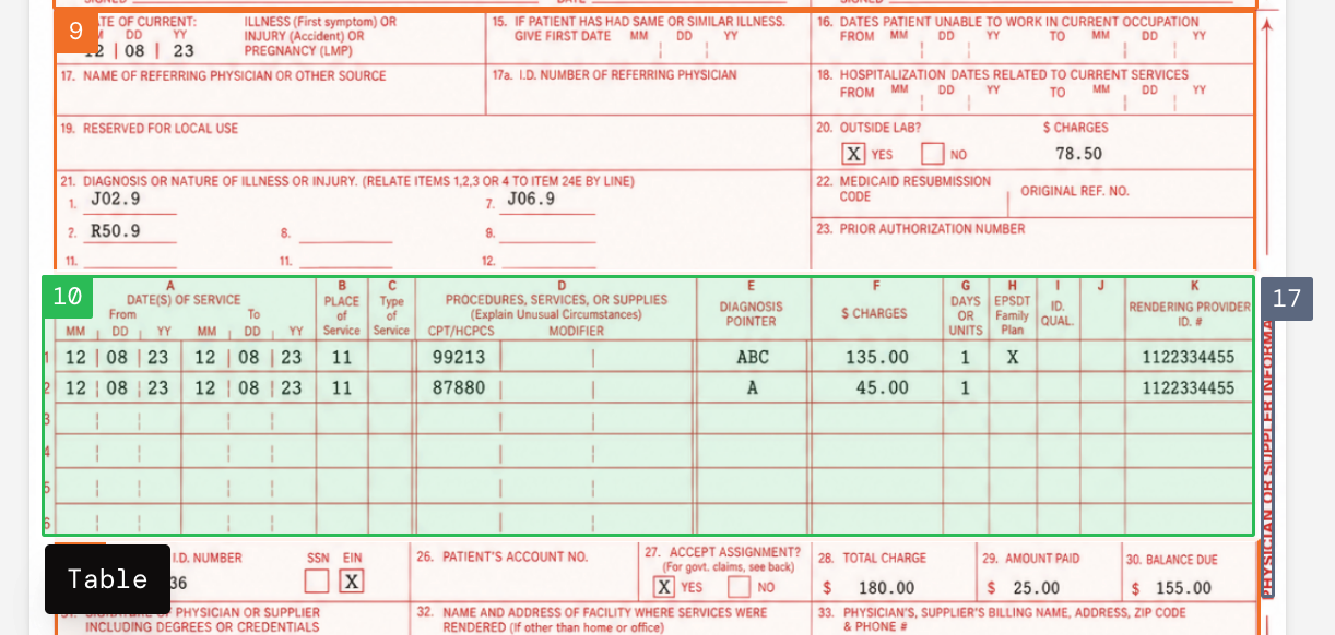 CMS 1500 table and key-value layout example